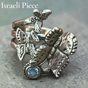 Gorgeous Detailed Ring Israel 925 Silver Butterfly Design w/ Blue Gemstone SZ 9